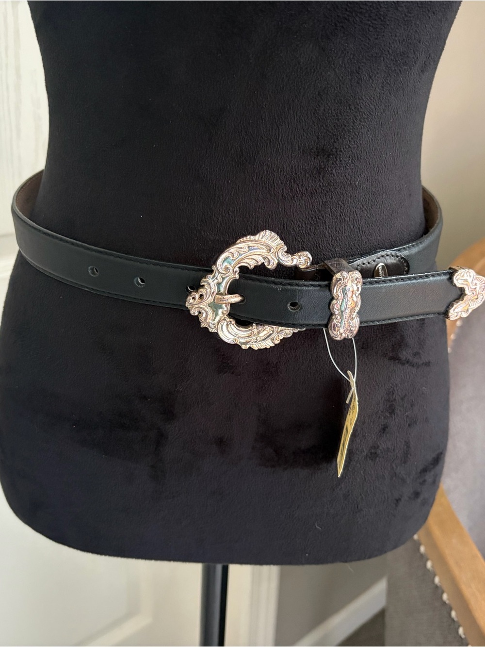 Omega Black Leather Belt with Ornate Silver Western Buckle